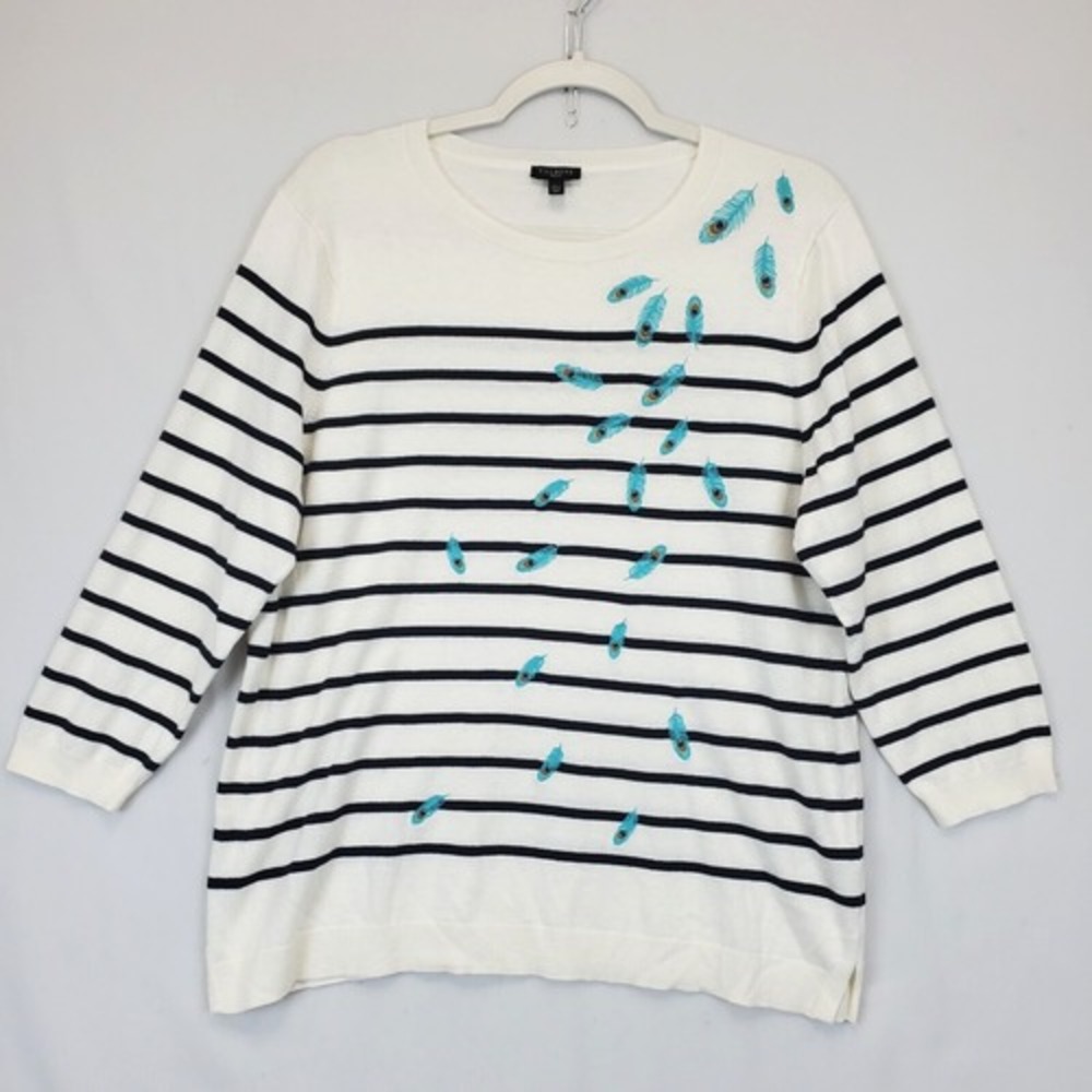 Talbots Knit Sweater Embroidered Peacock Feathers Women XLP Cream Black Stripe